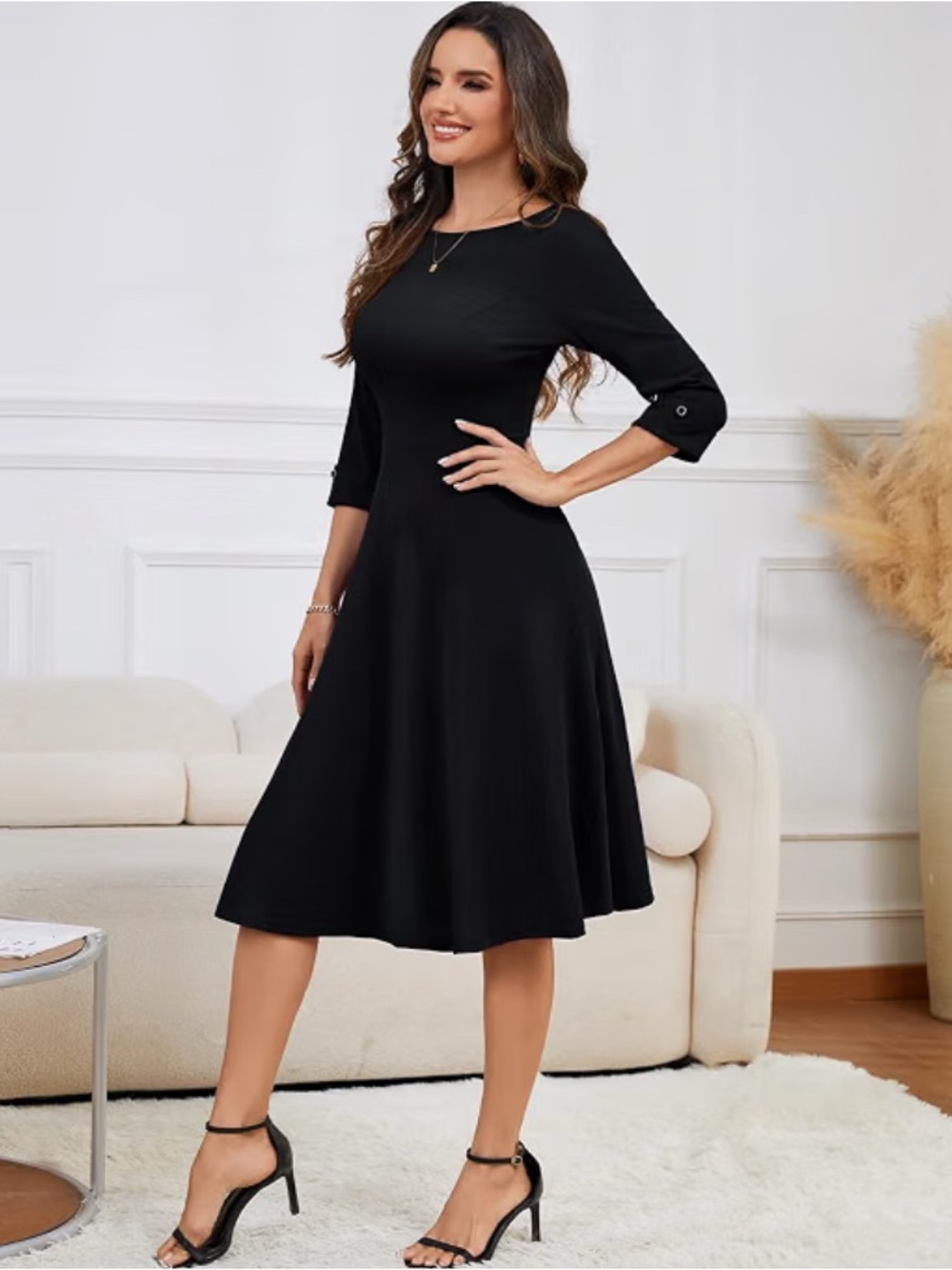 Classic Black Midi Dress with 3/4 Sleeve - Timeless Everyday Style